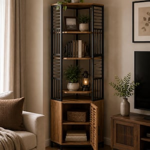 May include: A tall corner shelving unit featuring a light wood finish and a black metal frame. The unit includes three open upper shelves and a lower cabinet with a slatted wooden door. The shelves hold various books, potted plants, and a lantern.