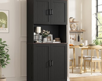 71" Farmhouse Kitchen Pantry Cabinet with Adjustable Shelves & Hanging Storage, Freestanding Cupboard, Rustic Black