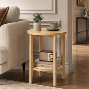 Boho Round End Table with Rattan Shelf, Small Accent Side Table