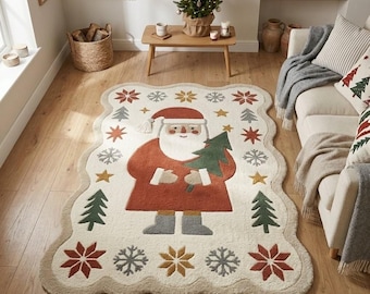 Christmas Santa Hand Tufted Rug, Irregular Holiday Area Rug, Cute Santa Claus Rug, Cozy Living Room Decor, Kids Room Christmas Rug 9x12 Area