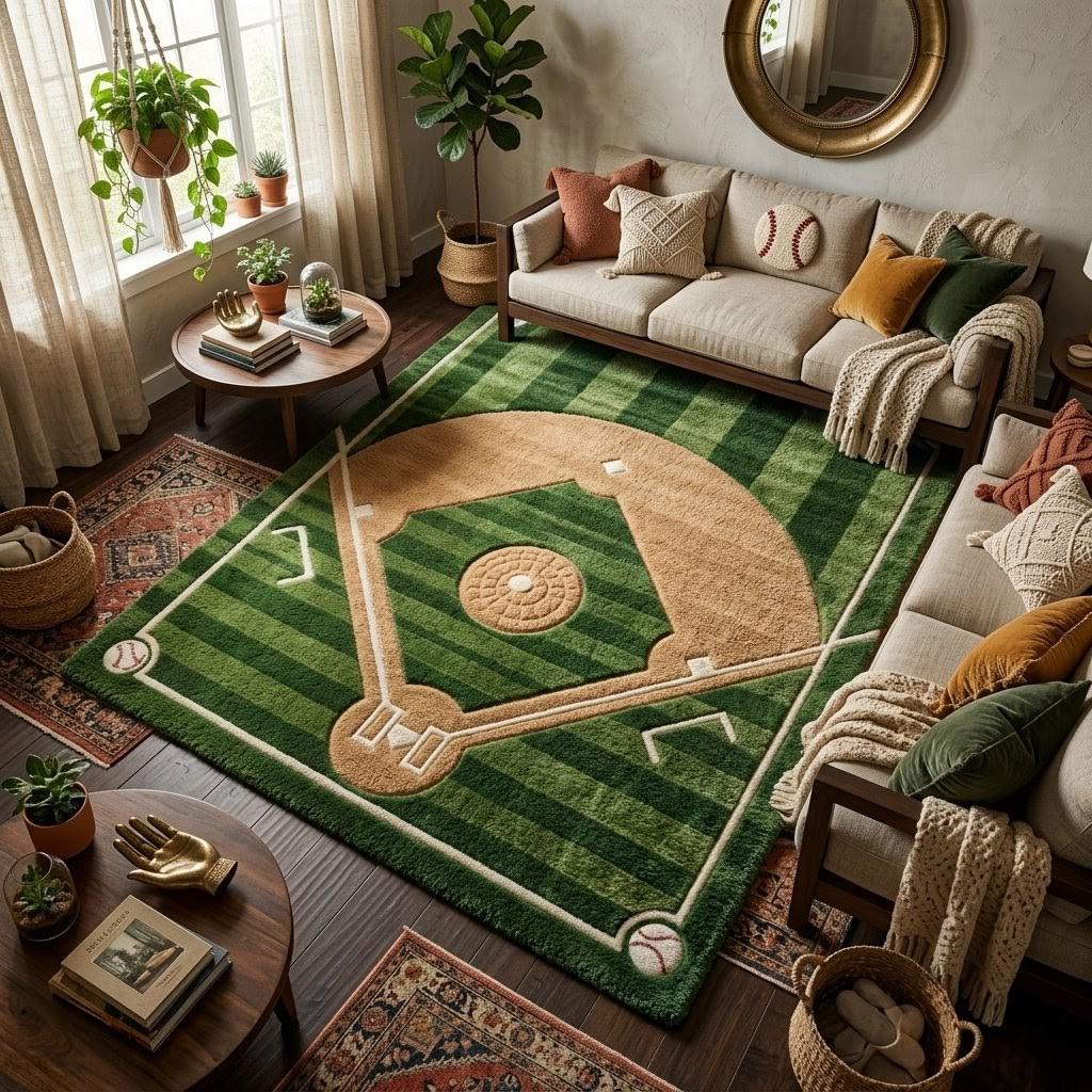 Handmade Baseball Field Rug –sports Theme Hand Tufted Wool Area Rug for ...