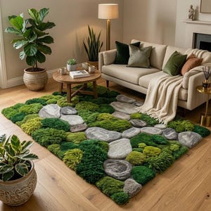 Könnte beinhalten: Ein rechteckiger Teppich mit einem Moos- und Steindesign. Der Teppich weist verschiedene Grüntöne mit grauen Steinakzenten auf. Der Teppich liegt auf einem Holzboden, mit einem beigen Sofa und Pflanzen im Hintergrund.