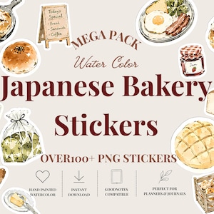 Puede incluir: Una colección digital de pegatinas de acuarela de panadería japonesa con ilustraciones de pan, pasteles, platos de desayuno, un tarro de mermelada y un menú. El texto dice MEGA PACK Water Color Japanese Bakery Stickers.