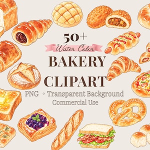 Puede incluir: Una colección de ilustraciones en acuarela de panadería que incluye varios panes, pasteles, una pizza y un sándwich. El texto central dice 50+ Water Color BAKERY CLIPART PNG Transparent Background Commercial Use, mostrando diversos productos horneados.