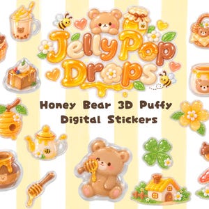 以下が含まれることがあります： Jelly Pop Drops Honey Bear 3D Puffy Digital Stickersというタイトルの3Dパフィデジタルステッカーコレクション。クマ、ハチミツの壺、ハチ、花、ティーポット、家、食べ物などのイラストが、光沢のある仕上がりで描かれています。