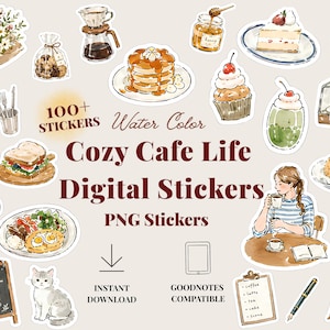 以下が含まれることがあります： ブーケ、コーヒー、パンケーキ、蜂蜜、ケーキ、サンドイッチ、猫、テーブルに座る人物、メニューボードなどのカフェをテーマにした水彩画風デジタルステッカーのコレクション。画像には「100+ STICKERS Water Color Cozy Cafe Life Digital Stickers PNG Stickers」というテキストが含まれています。