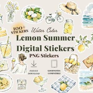 Lemon Summer Watercolor Digital Stickers | 100+ PNG Stickers for GoodNotes, Digital Planner & Journaling
