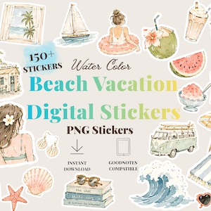 150+ Beach Vacation Digital Stickers | Watercolor Summer Stickers for GoodNotes, Planner & Journal | Printable PNG