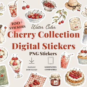 May include: A collection of 100+ watercolor digital stickers featuring cherry-themed illustrations including a glass of cherry juice, a bowl of cherries, a straw hat, a candle, a cupcake, a tart, a jar of jam, and a notebook with the text notes.