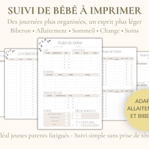 Peut inclure: Feuilles de suivi de bébé imprimables en beige et blanc. Les feuilles comprennent des sections pour suivre la prise de lait, les changements de couches, le sommeil et les soins. Le texte sur les feuilles se lit "Suivi de bébé".