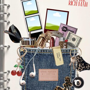 Op de afbeelding: Een collage met een denim zak met diverse items. Inclusief een gouden revolver, lippenstift, een geldclip met de tekst "FUCK YOU MONEY", een Louis Vuitton label en de tekst "Mom I am the Rich Man".
