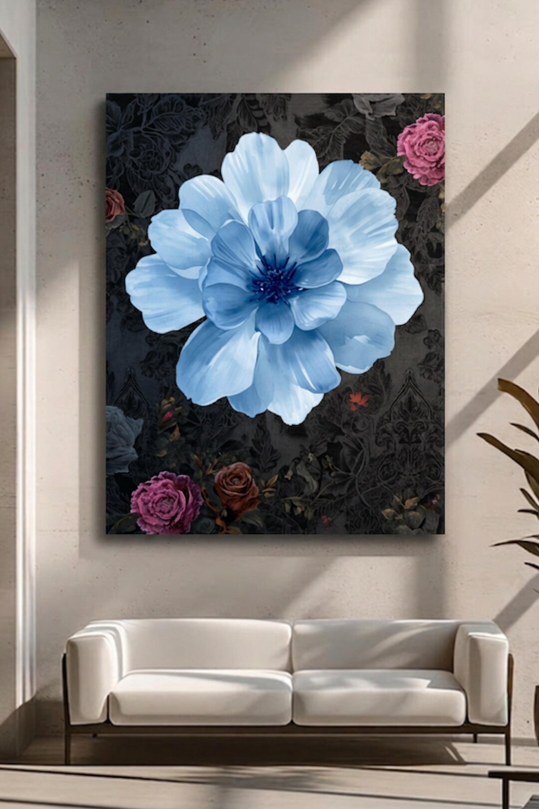 Oversized Wall Art | Botanical Canvas Light Blue Flower on Black Floral ...