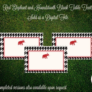 Könnte beinhalten: Drei leere Tischkarten mit einem roten Elefanten und einem schwarz-weißen Hahnentrittmuster. Der Text "Red Elephant and Houndstooth Blank Table Tents" und "Sold as a Digital File" befindet sich oben im Bild. Der Text "Custom completed versions also available upon request." befindet sich unten im Bild.
