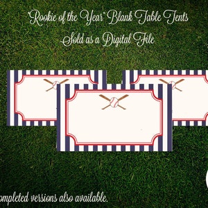 May include: Three blank table tent cards with a blue and white striped background and red trim. Each card features a baseball and crossed bats graphic. The text "Rookie of the Year Blank Table Tents" and "Sold as a Digital File" is at the top of the image. The text "*Custom completed versions also available." is at the bottom of the image.