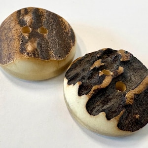 Può includere: Due bottoni rotondi caratterizzati da una base color crema naturale con motivi testurizzati marrone scuro simili alla corteccia sulla superficie. Ogni bottone presenta due fori centrali per il fissaggio, mostrando un netto contrasto tra i bordi chiari lisci e i centri scuri ruvidi.