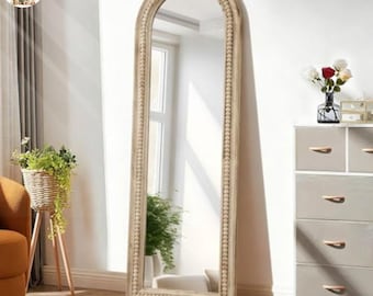 Arched Full Length Mirror 59x20, Rustic Beaded Wood Frame Mirror, Handmade Walnut Floor Mirror, Bedroom Entryway Farmhouse Decor