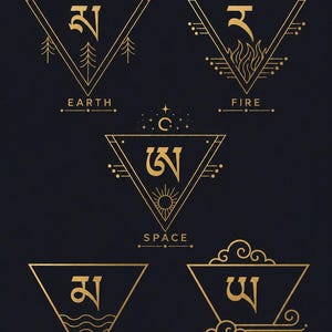 May include: A dark background featuring five gold triangular emblems representing the elements. Each triangle contains a unique symbol and imagery: Earth with mountains and trees, Fire with flames, Space with a moon and sun, Water with waves, and Air with clouds and wind.