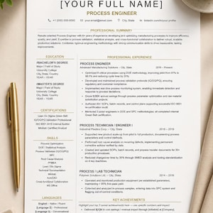 May include: A professional resume template printed on white paper with black text. The document includes sections for contact information, professional summary, education, experience, skills, and achievements, featuring a gold pen on the left side.
