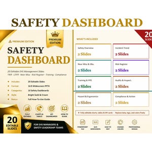 May include: A digital presentation template titled Safety Dashboard in gold and cream colors. It features 20 editable PowerPoint slides for EHS management, including sections for incident trends, risk registers, and training, with icons for charts and tables.