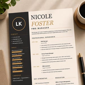 May include: A professional CV document for Nicole Foster, a PMO Manager, featuring a black sidebar with contact details, skills, and languages, and a white main section detailing professional experience, key strengths, and education.