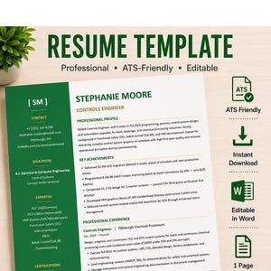 Op de afbeelding: Een cv-sjabloon met een donkergroene zijbalk en een wit hoofdgedeelte. De tekst bevat RESUME TEMPLATE, Professional, ATS-Friendly, Editable, Stephanie Moore, Controls Engineer en diverse professionele details en iconen.