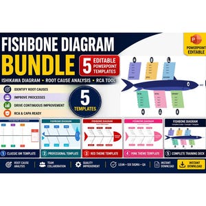 May include: A digital bundle of five editable PowerPoint templates for fishbone diagrams, featuring root cause analysis tools. The graphic displays text including FISHBONE DIAGRAM BUNDLE, 5 EDITABLE POWERPOINT TEMPLATES, and five distinct slide designs.