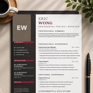 May include: A professional resume document for Eric Wong, an Engineering Project Manager. The layout features a dark brown sidebar with contact details, education, and skills, and a white main section detailing professional experience.