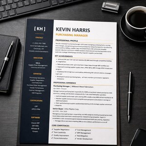 May include: A professional resume for Kevin Harris, Purchasing Manager, printed on white paper with a dark blue sidebar. The document includes sections for contact, education, expertise, certifications, software, profile, achievements, experience, and core competencies.