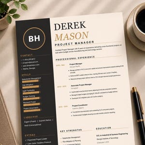 May include: A professional CV template for Derek Mason, Project Manager, featuring a black sidebar with contact details, skills, and languages, and a cream-coloured main section detailing professional experience, key strengths, and education.