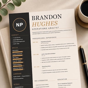 Peut inclure: Un modèle de CV professionnel pour un analyste des opérations nommé Brandon Hughes. Le document présente une barre latérale noire avec les coordonnées, les compétences et les langues, ainsi qu'une section principale crème avec l'expérience.