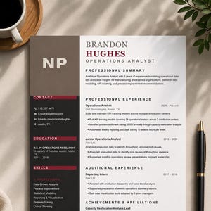 Może przedstawiać: Profesjonalny szablon życiorysu dla analityka operacyjnego o nazwisku Brandon Hughes. Dokument posiada ciemnobrązowy pasek boczny z inicjałami NP, białą główną sekcję z czarnym tekstem oraz czerwone akcenty. Zawiera sekcje dotyczące kontaktu, edukacji, umiejętności, podsumowania i doświadczenia.