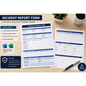 May include: A two-page incident report form template with blue headers and white fields. The document includes sections for report identification, incident details, persons involved, immediate actions, corrective actions, and authorization signatures.