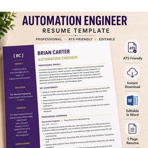 May include: An Automation Engineer CV template featuring a purple sidebar with contact, education, and expertise sections. The main body includes a professional profile, key achievements, and experience. Icons indicate ATS-friendly, instant download, Word editable, and 1-page format.