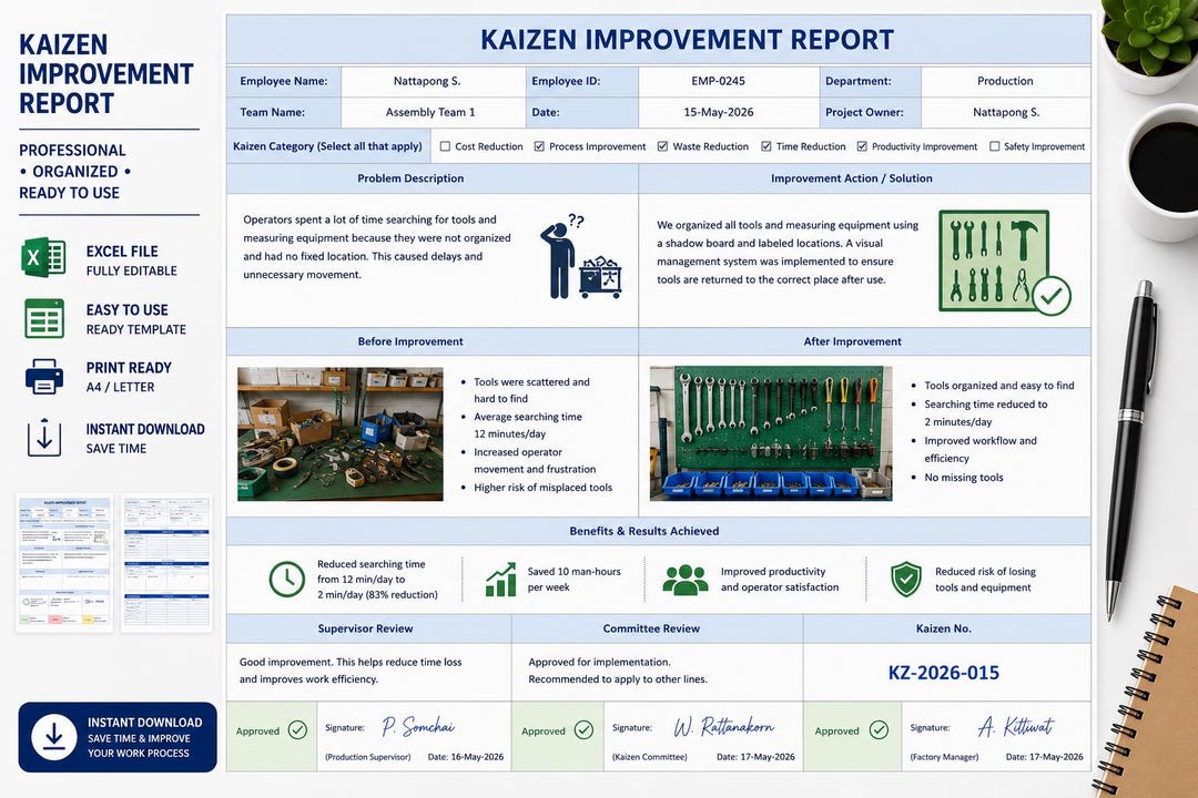 Kaizen Improvement Report Excel Template | Lean Manufacturing Tracker ...