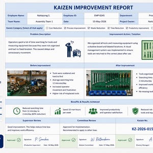 Può includere: Un rapporto di miglioramento Kaizen su sfondo bianco. Il rapporto include sezioni per le informazioni sui dipendenti, la descrizione del problema e le azioni di miglioramento. Le icone indicano file Excel, modello pronto, pronto per la stampa e opzioni di download immediato.