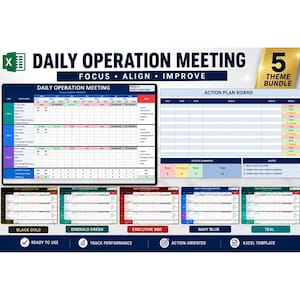 May include: A digital Excel template bundle for daily operation meetings, featuring a main dashboard with a grid for tracking line performance, an action plan board, and five color-coded theme variations in black-gold, emerald, red, navy, and teal.