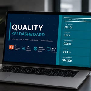 以下が含まれることがあります： ノートパソコンの画面に表示された品質KPIダッシュボード。Quality KPI Dashboard、Quality at a Glance、First Pass Yield 98.1%、Defect Rate 1.9%、Customer Returns 0.08%、Audit Score 91.4%、COPQ (This Month) $14,200というテキストが青いテーマで表示されています。