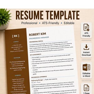 May include: A resume template document featuring a brown sidebar with contact, education, and expertise sections, and a white main section for professional profile, key achievements, and experience. The text includes RESUME TEMPLATE and Robert Kim.