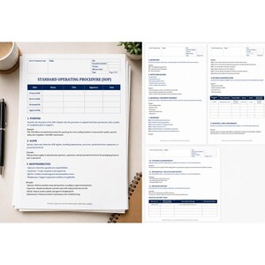 Pode incluir: Um modelo de documento branco intitulado Standard Operating Procedure (SOP) com seções para propósito, escopo e responsabilidades. O documento inclui uma tabela para funções, nomes, títulos, assinaturas e datas, com páginas adicionais mostrando definições, precauções de segurança e requisitos de treinamento.