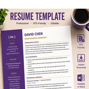 May include: A resume template document with a purple sidebar and white main section, featuring the text RESUME TEMPLATE, Professional, ATS-Friendly, Editable, and the name David Chen, Maintenance Manager, alongside icons for ATS Friendly, Instant Download, and Word.