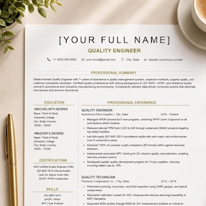 Quality Engineer Resume Template | ATS-Friendly CV | ISO 9001 & Lean Six Sigma | Editable Word Resume