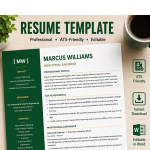 May include: A resume template document featuring a dark green sidebar with contact, education, and expertise sections. The main body includes a professional profile, key achievements, and experience for Marcus Williams, an Industrial Engineer.