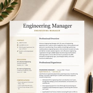 May include: A professional resume template titled Engineering Manager with sections for contact information, education, certifications, professional overview, and experience. The document features black text on a white background with gold accents.