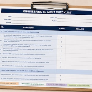 May include: A clipboard with an "ENGINEERING 5S AUDIT CHECKLIST" form, a black pen, a cup of coffee, and a small potted plant. The checklist includes sections for audit items, scores, and remarks, with a focus on workplace organization.