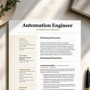 May include: A professional CV template for an Automation Engineer featuring a clean layout with a beige sidebar. The document includes sections for contact information, education, certifications, key skills, professional overview, and experience.