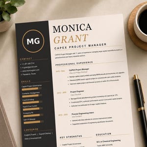 May include: A professional resume template for a CAPEX Project Manager named Monica Grant. The document features a black sidebar with contact details, skills, and languages, and a cream-colored main section detailing professional experience.