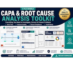 Peut inclure: Un kit d'outils d'analyse CAPA et de cause racine comprenant trois fichiers numériques : un modèle PPTX de diagramme en arête de poisson, un modèle DOCX de rapport CAPA de trois pages et un guide utilisateur de tableau de bord CAPA.