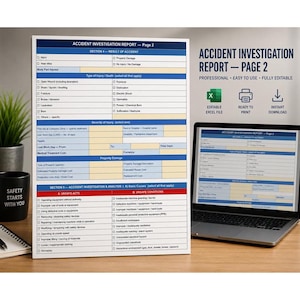 May include: A printed Accident Investigation Report page 2 document featuring sections for result of accident, severity of injury, property damage, and accident investigation analysis with checkboxes and text fields, displayed next to a laptop screen.