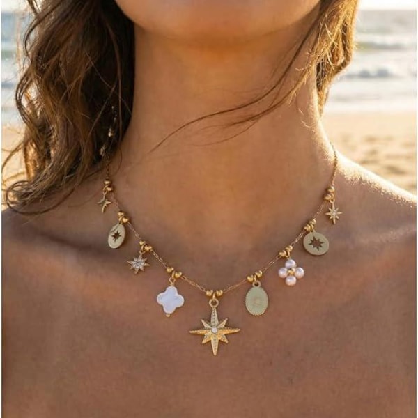 Gouden ster- en parelketting | Roestvrijstalen ketting voor dames | Gouden bedelketting | Elegante en trendy sieraden | Cadeau voor vrouwen