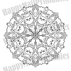 May include: Black and white mandala design featuring cat faces and floral elements. The design is circular and symmetrical, with the text "HappyMailPrintables" in the background. This image is suitable for coloring or as a decorative print.